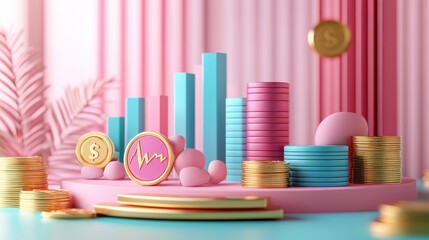 Poster - A vibrant digital representation of financial growth, featuring colorful coins, bars, and circular tokens against a soft pastel background.
