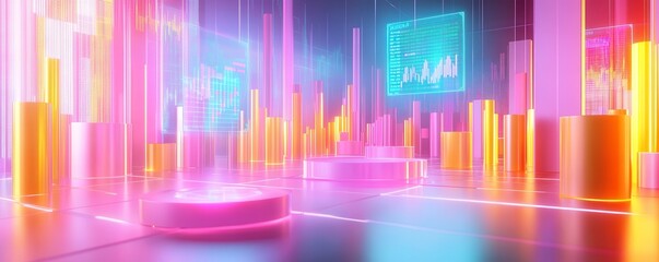 Poster - A vibrant, futuristic digital landscape with glowing bars and graphs, creating an atmosphere of technology and data visualization.