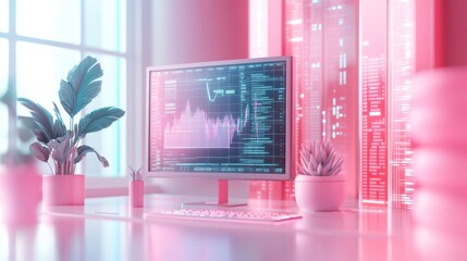 Poster - A modern workspace featuring a computer displaying data analytics, with potted plants and a bright, pinkish hue enhancing the aesthetic.