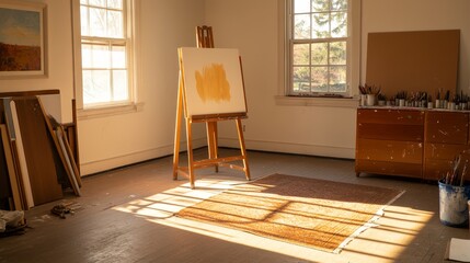 Wall Mural - Sunlit artist studio with easel, paint supplies, and warm ambiance creating a creative atmosphere