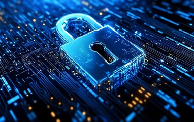Poster - Cybersecurity digital interface featuring a padlock and warnings on the screen, representing secure data protection, modern design, hightech, highdefinition, sleek aesthetics