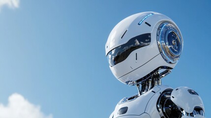 A sleek, futuristic robot stands against a clear blue sky, showcasing advanced technology with a polished, metallic design and a distinctive head shape.