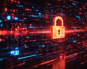 Aufkleber - Digital screen showcasing a cybersecurity interface, padlock icon, and warning symbols, hightech security concept, futuristic design, highresolution, dynamic lighting