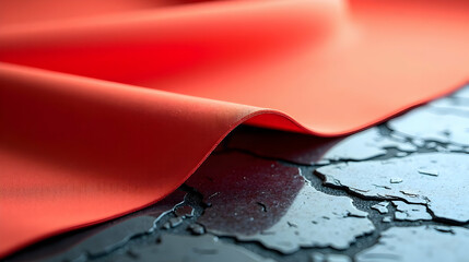 Poster - crimson fabric drapes elegantly over a cracked, dark surface. a study in texture and contrast.