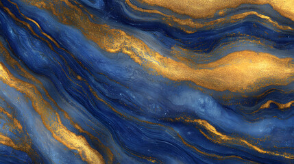 Poster - Blue and gold marble texture with abstract patterns and dynamic swirls