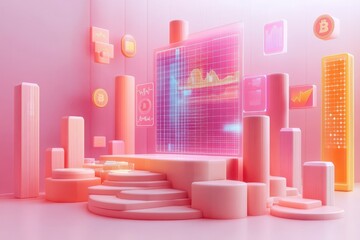 Poster - A futuristic digital space featuring pink tones, geometric shapes, and glowing screens, creating a vibrant, tech-inspired environment.