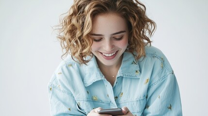 Wall Mural - A beautiful woman with curly brown hair smiled at her phone