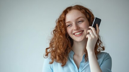 Wall Mural - A beautiful woman with curly brown hair smiled at her phone