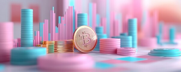 Poster - A vibrant 3D illustration featuring colorful coins and stacked bars, representing financial growth and investment in a modern financial landscape.