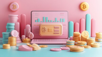 Poster - A colorful illustration of a laptop displaying financial data, surrounded by various cryptocurrency coins and stacks, emphasizing digital finance and investment.