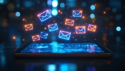Fototapete - Digital email notifications hovering over a tablet screen, glowing icons, sleek modern design, futuristic technology, hightech interface, ultrarealistic, vibrant colors