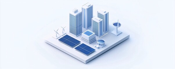 Wall Mural - isometric 3D view of a compact urban solar farm on rooftops, modern cityscape in the background, energy-efficient skyscrapers, smart grid technology, clear blue sky, detailed textures, copyspace