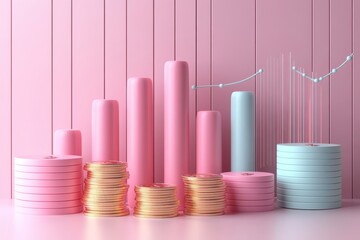 Poster - A vibrant display of pink and blue cylindrical bars and stacks representing data visualization and financial growth concepts.