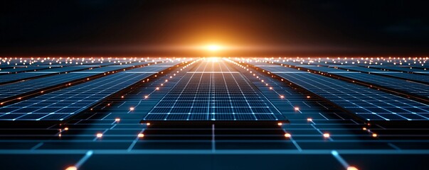 Poster - isometric 3d render of a futuristic high-efficiency solar farm with drone-based maintenance, autonom