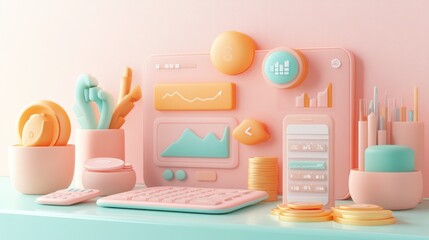 Poster - A colorful, pastel-themed workspace featuring a computer, stationery, and decorative items, creating a cheerful and creative atmosphere.