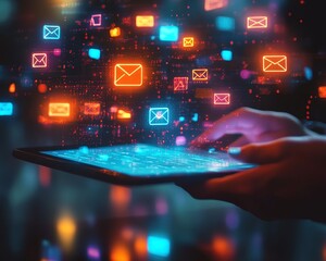 Aufkleber - Floating digital email notifications above a tablet screen, glowing icons, hightech interface, modern design, vibrant colors, ultrarealistic, futuristic technology