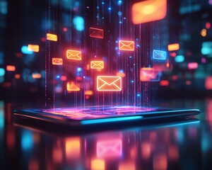 Aufkleber - Floating digital email notifications above a tablet screen, glowing icons, hightech interface, modern design, vibrant colors, ultrarealistic, futuristic technology
