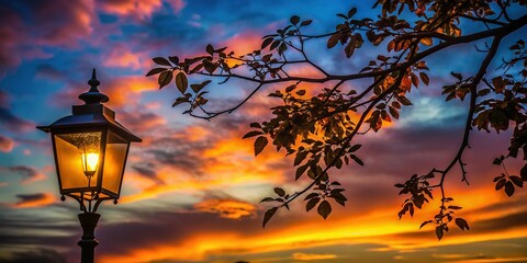 Wall Mural - Silhouette of Leaves, Branches, and Lamppost at Dusk - Copy Space