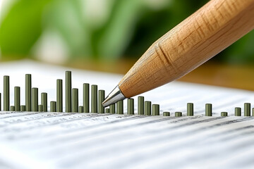 Poster - Pen pointing at declining graph, financial report, office background