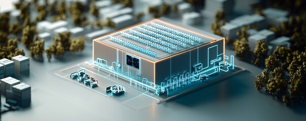 Poster - isometric 3d futuristic rendering of an ai-optimized solar farm with holographic energy monitoring, 