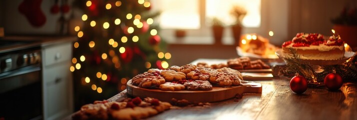 Aufkleber - Festive kitchen table filled with freshly baked cookies and decorated cakes during holiday celebrations. Generative AI
