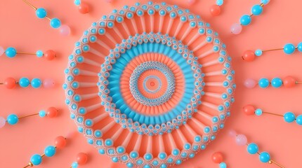 Poster - abstract background with circles,Intricate Radial Pattern with Concentric Circles, Beads, and Blue and Peach Colors on a Peach Background
