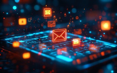 Aufkleber - Notification alerts and email icons hovering over tablet screen, glowing details, hightech interface, modern sleek design, futuristic technology, ultrarealistic lighting