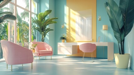 Poster - A bright and airy interior featuring pastel furniture, large windows, and tropical plants, creating a serene and modern atmosphere.