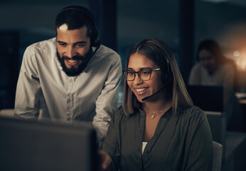 Poster - Night, customer support and manager and woman on computer in office for training, online contact and consulting. Meeting, call center and man with worker for teamwork, crm service and telemarketing
