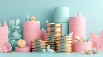 Poster - A serene composition of pastel-colored containers, stacks of coins, and decorative leaves, creating a modern, artistic display of wealth and style.