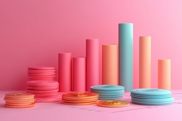 Wall Mural - A vibrant arrangement of pastel-colored cylindrical and circular shapes on a pink background, creating a playful yet structured visual effect.