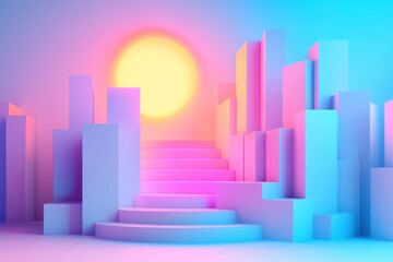 Poster - A vibrant, surreal landscape featuring colorful geometric shapes and a radiant sun, creating a dreamy and futuristic atmosphere.
