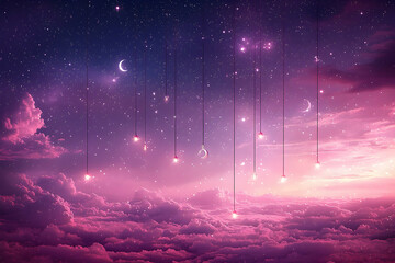 Wall Mural - Magical night sky, clouds, hanging stars, dreamy