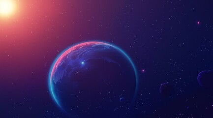 Wall Mural - Vibrant planet Earth in space with sun and asteroids.