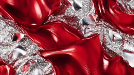 Poster - Red and silver fabric with tulip design on a soft background for textile and fashion use