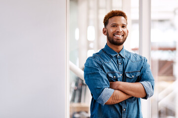 Poster - Creative, office and portrait of man with arms crossed, opportunity and inspiration in startup development. Relax, architect and happy designer with confidence, mock up space and project management