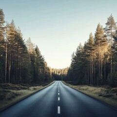 Aufkleber - Straight road leads into a tranquil forest landscape with lush greenery and early morning light. Generative AI