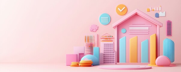 Poster - A colorful, minimalistic illustration of a house with various charts and icons, set against a soft pink background, symbolizing data and analytics.
