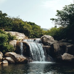 Aufkleber - Serene waterfall cascading over rocks surrounded by lush green vegetation on a sunny day. Generative AI