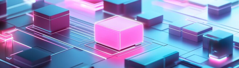 Poster - A vibrant digital landscape featuring glowing cubes and intricate circuitry, representing modern technology and innovation.