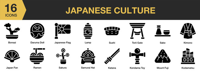 Poster - Japanese Culture solid icon set. Includes oriental, architecture, flower, season, food, and More. Solid icons vector collection.