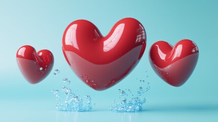 Poster - Three glossy red hearts floating above water bubbles on a light blue background.