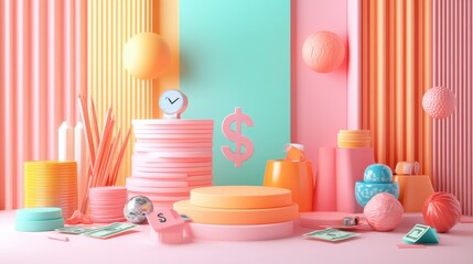 Poster - A vibrant arrangement of colorful objects against a pastel backdrop, featuring playful shapes, textures, and a dollar sign motif, creating a cheerful atmosphere.