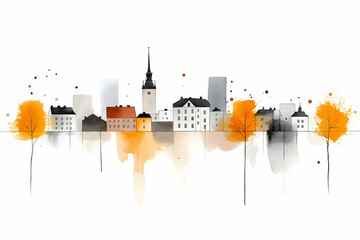 Wall Mural - Autumn Cityscape Watercolor Illustration