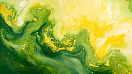 Poster - Painting featuring dynamic fusion of green and yellow paint with tulips on canvas