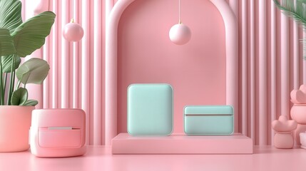 Poster - A soft pink and mint green display featuring geometric shapes, plants, and decorative elements, creating a modern and aesthetic interior design scene.