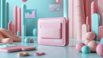 Poster - A pastel-themed scene featuring a compact device surrounded by colorful geometric shapes and holographic data displays.