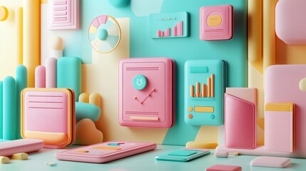 Poster - A colorful 3D composition featuring pastel-themed data visualizations, charts, and graphs, creating a playful and modern design aesthetic.