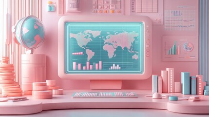 Poster - A pastel-colored workspace featuring a world map on a screen, charts, and a globe, creating a modern and vibrant atmosphere for data analysis.