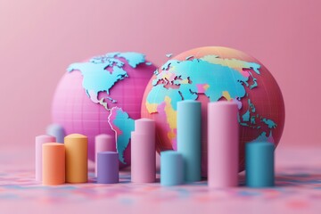 Poster - A vibrant depiction of two globes alongside colorful bar graphs against a pink background, symbolizing global data and analytics.